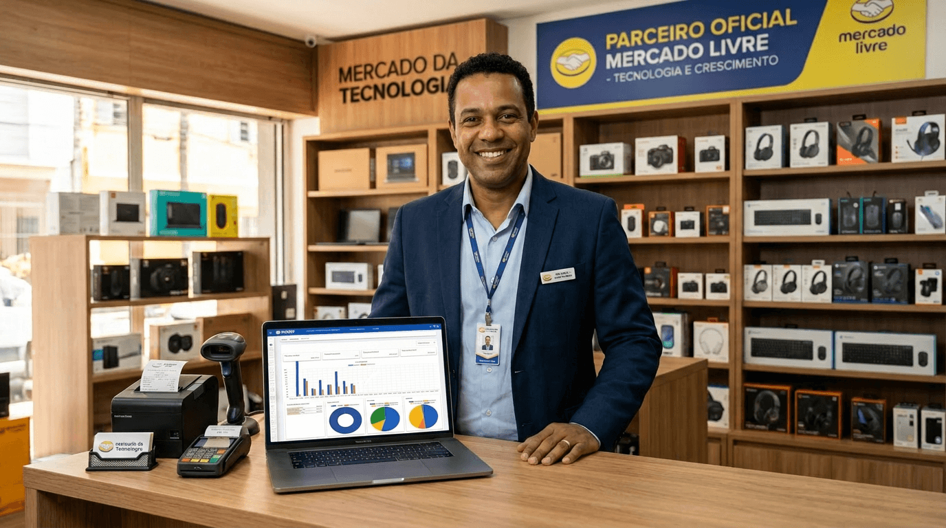 Lojista atendendo cliente na loja física enquanto recebe pedido do Mercado Livre no computador, gerenciados pelo mesmo sistema