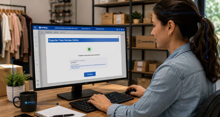 Lojista atualizando estoque da loja física e da Nuvemshop ao mesmo tempo pelo Andra ERP