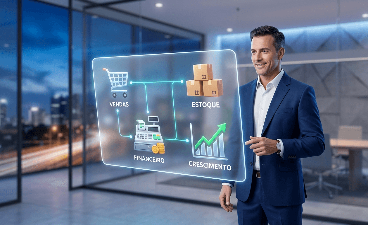 Empresário analisando fluxo de processos integrados em painel de gestão empresarial
