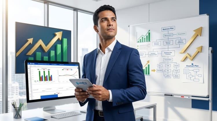 Empresário com gestão empresarial eficiente e estratégica focado no crescimento do negócio