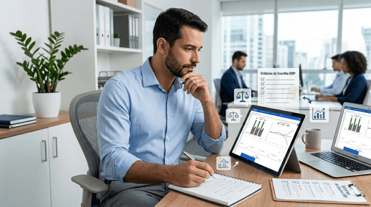 Empresário comparando e escolhendo o melhor software de gestão ERP para pequena empresa