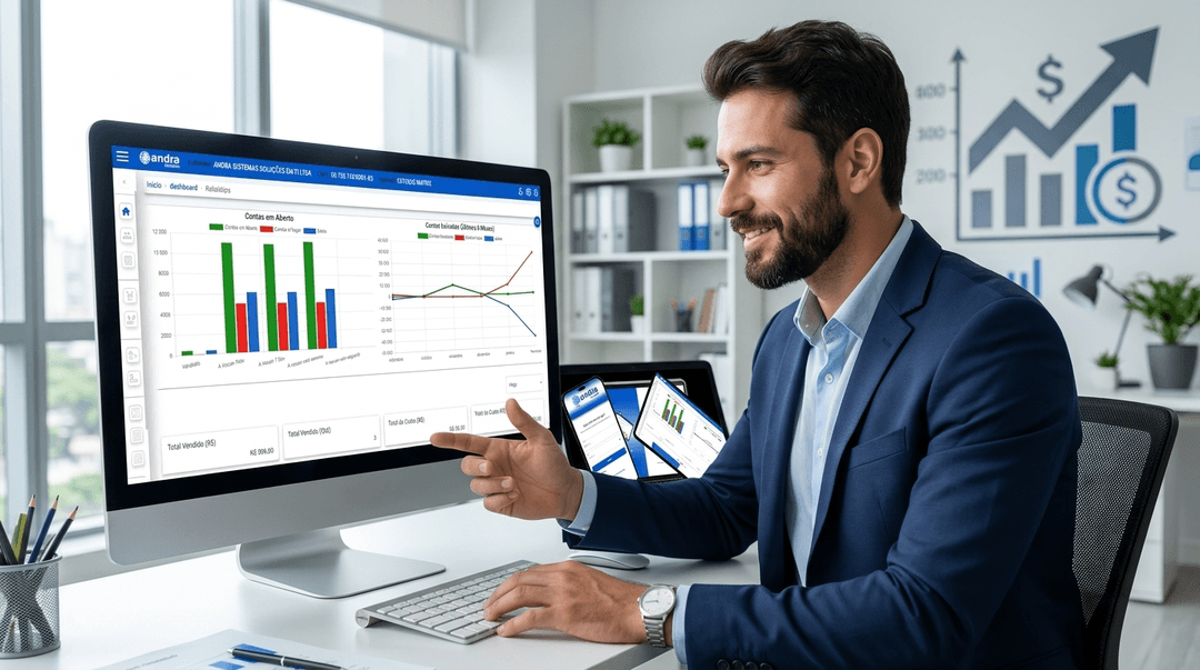 Empresário seguro e focado em frente a uma tela de computador exibindo dashboards modernos com gráficos, indicadores financeiros e dados de estoque. Ambiente de escritório contemporâneo, limpo e bem iluminado. Tom positivo, de controle e crescimento.