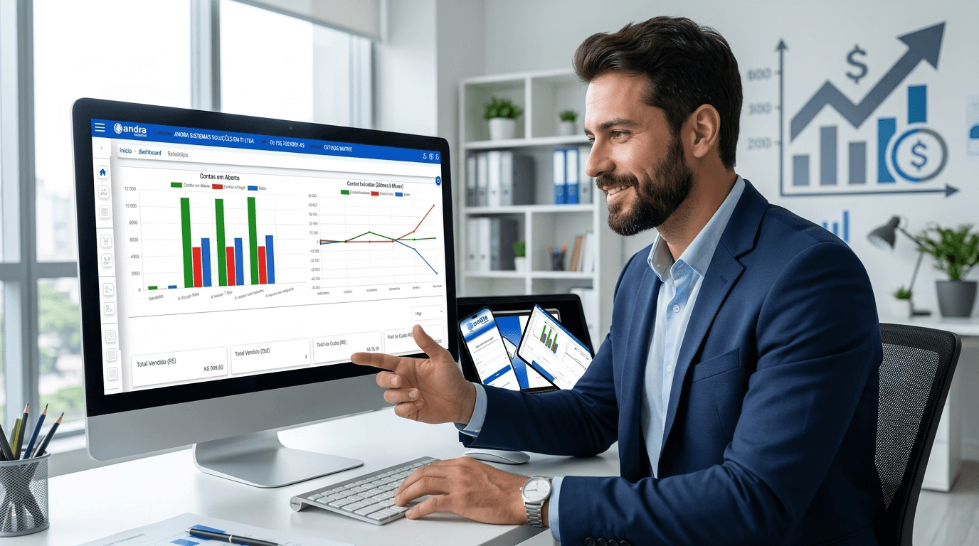 Empresário seguro e focado em frente a uma tela de computador exibindo dashboards modernos com gráficos, indicadores financeiros e dados de estoque. Ambiente de escritório contemporâneo, limpo e bem iluminado. Tom positivo, de controle e crescimento.