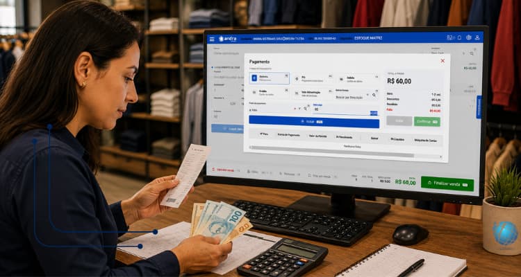 Empresário conferindo dinheiro e comprovantes no fechamento de caixa da loja com sistema PDV no computador