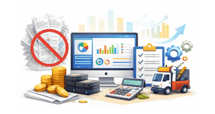 Ilustração 3D de gestão empresarial mostrando a digitalização de processos: pilha de papéis com símbolo de proibido, monitor com gráficos de desempenho, moedas, servidores, checklist e um caminhão de logística.