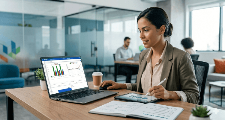 Empresária sentada em uma mesa focada a uma tela de computador exibindo dashboards modernos com gráficos e indicadores financeiros em um escritório moderno testando o Andra ERP.