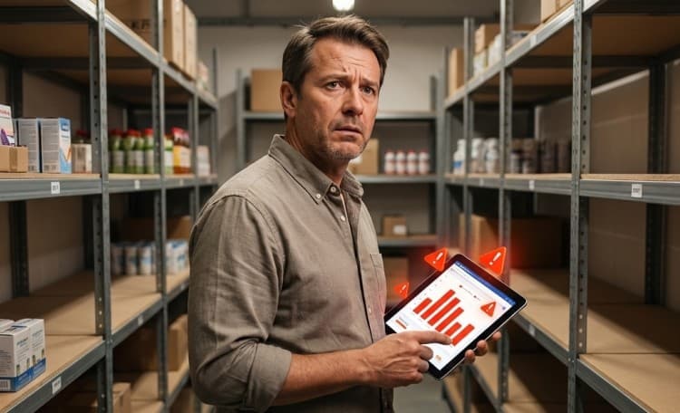 Empresário com expressão preocupada olhando para prateleiras semivazias em um depósito, segurando um tablet com tela mostrando alertas vermelhos de estoque. Ao fundo, prateleiras organizadas com alguns espaços vazios.